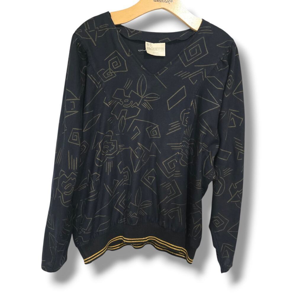 Vintage Ms. Paquette California Black & Gold Geometric V-Neck Blouse Medium
